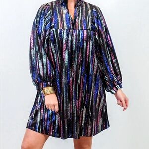 Adrienne Black Glittery Striped Long Balloon Sleeve Babydoll Dress - V neckline
